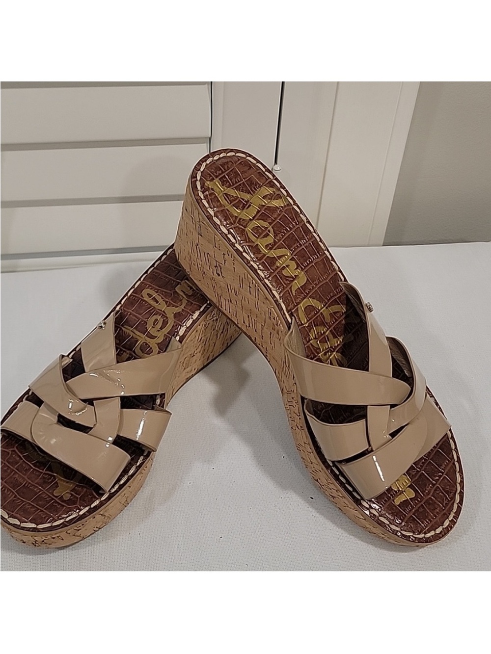 SAM EDELMAN Nude Raynere Patent Leather Cork Wedge Slip On Sandals